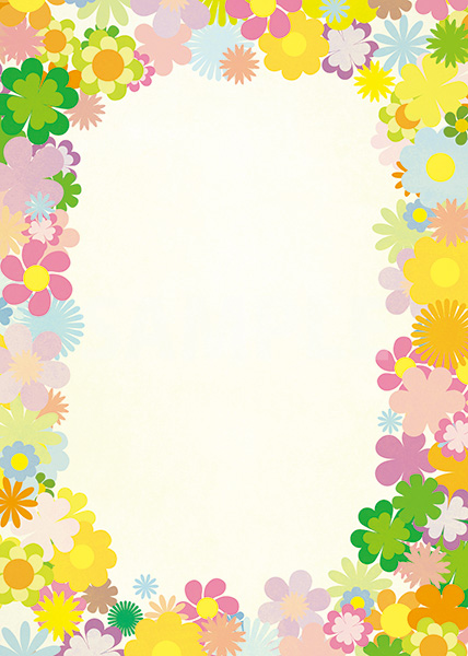 カラフルな花のイラストに囲まれたA4サイズ背景素材