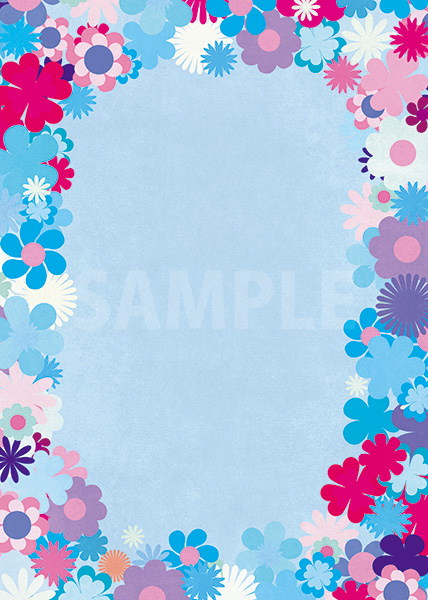 ブルー基調の花のイラストに囲まれたA4サイズ背景素材