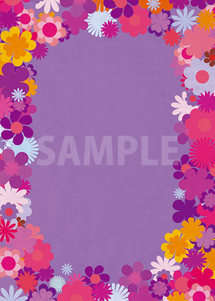 パープル基調の花のイラストに囲まれたA4サイズ背景素材