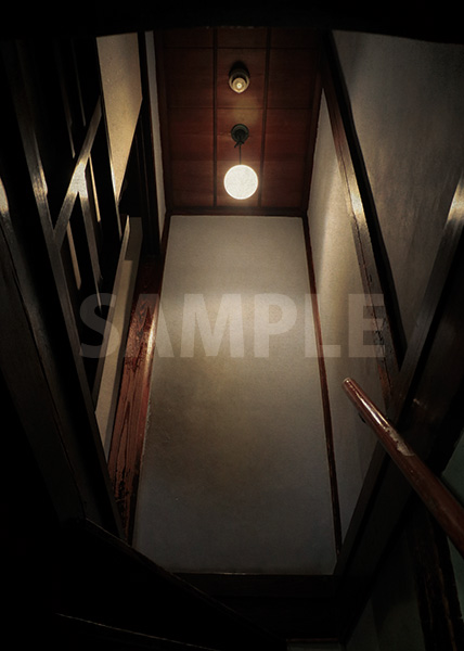 古い日本家屋の階段を見上げた少し不気味なA4サイズ背景素材