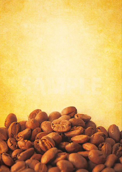 コーヒ豆が下部に散らばるA4サイズ黄色背景素材