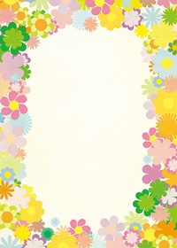 カラフルな花のイラストに囲まれたA4サイズ背景素材
